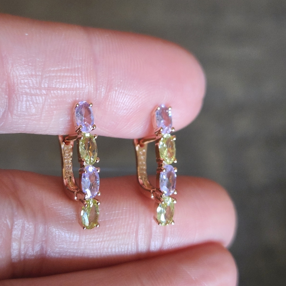 New 14K Gold Plated Oval Cut Amethyst Peridot Hoop Earrings for Women